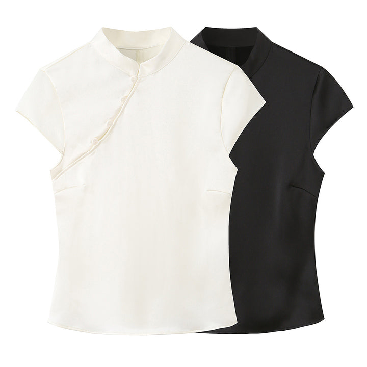 Damen elegantes Oberteil mit asymmetrischem Kragen und Knopfdetails Echo Archiv