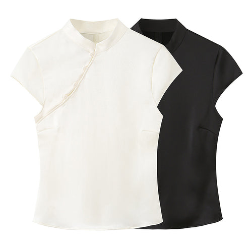 Damen elegantes Oberteil mit asymmetrischem Kragen und Knopfdetails Echo Archiv