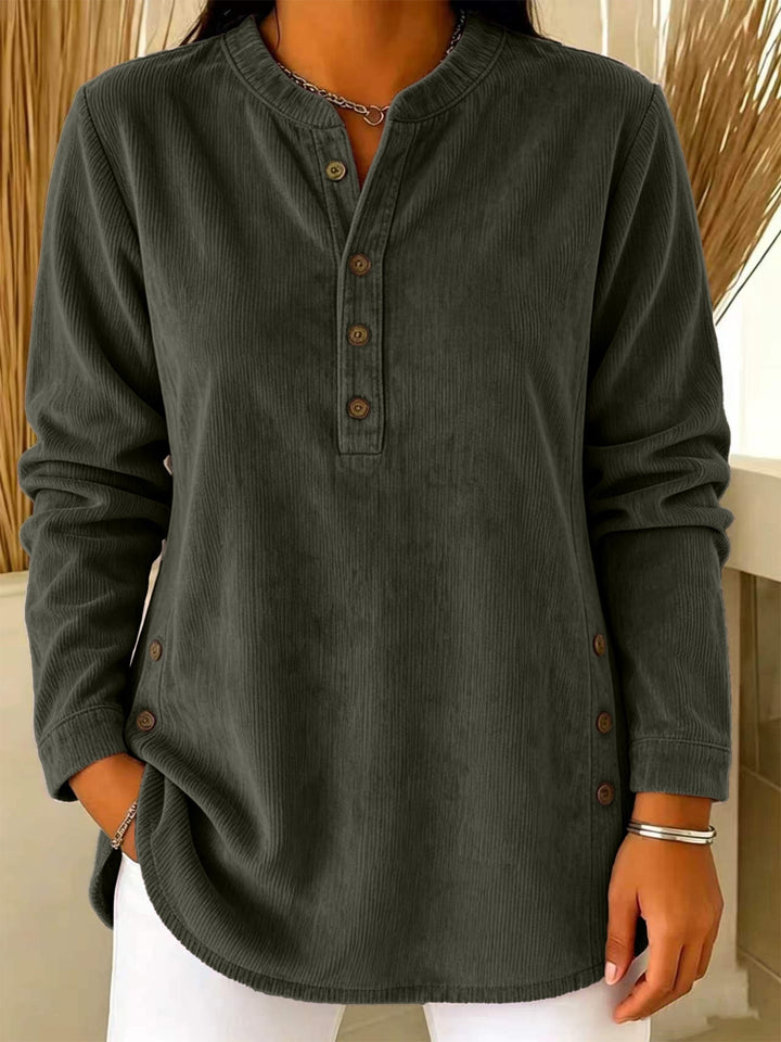 Damen Lässige Cordoptik‑Tunika mit Henley‑Kragen und Seitenknöpfen – Avérine