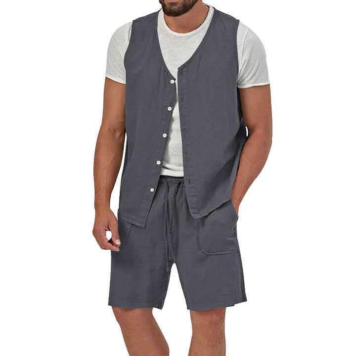 Herren nan zweiteiliges Freizeit-Set mit ärmelloser Knopfweste und weiten Kordelzug-Shorts mit aufgesetzten Taschen Echo Archiv