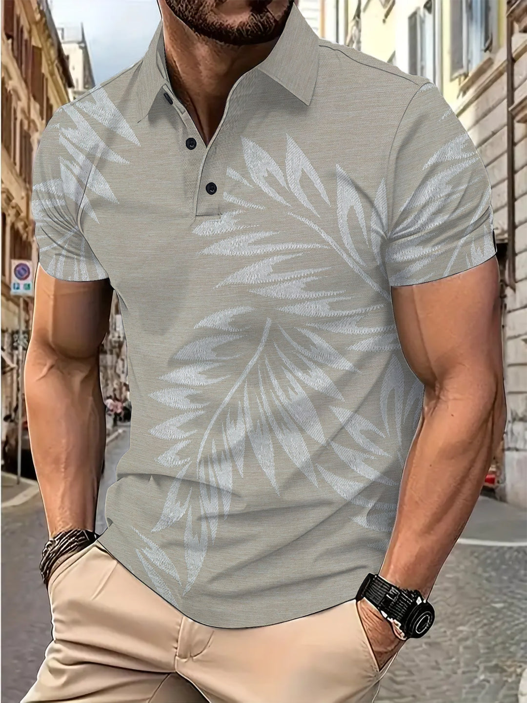 Herren Poloshirt mit tropischem Blattmuster und atmungsaktivem Stoff Echoarchiv