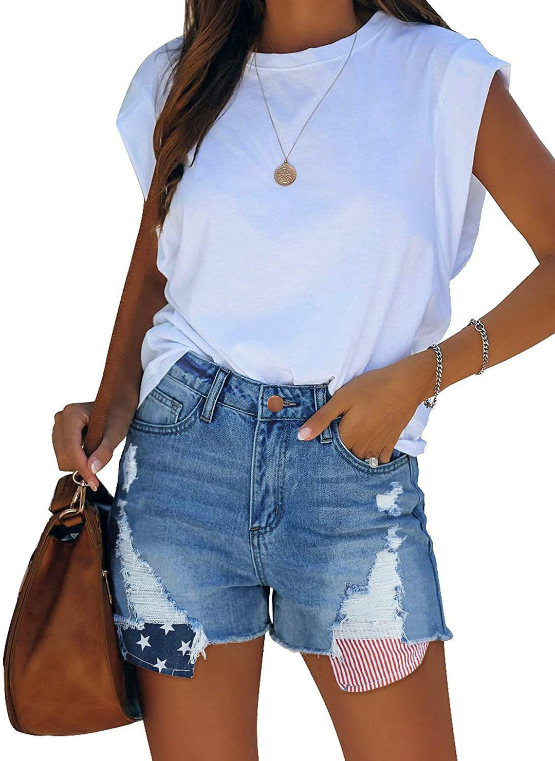 Damen Destroyed Denim-Shorts mit kreativen Patch-Details Echo Archiv