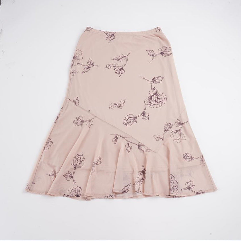 Damen Fließender Chiffon-Midirock mit zartem Blumenprint und asymmetrischem Volant – Rosévia