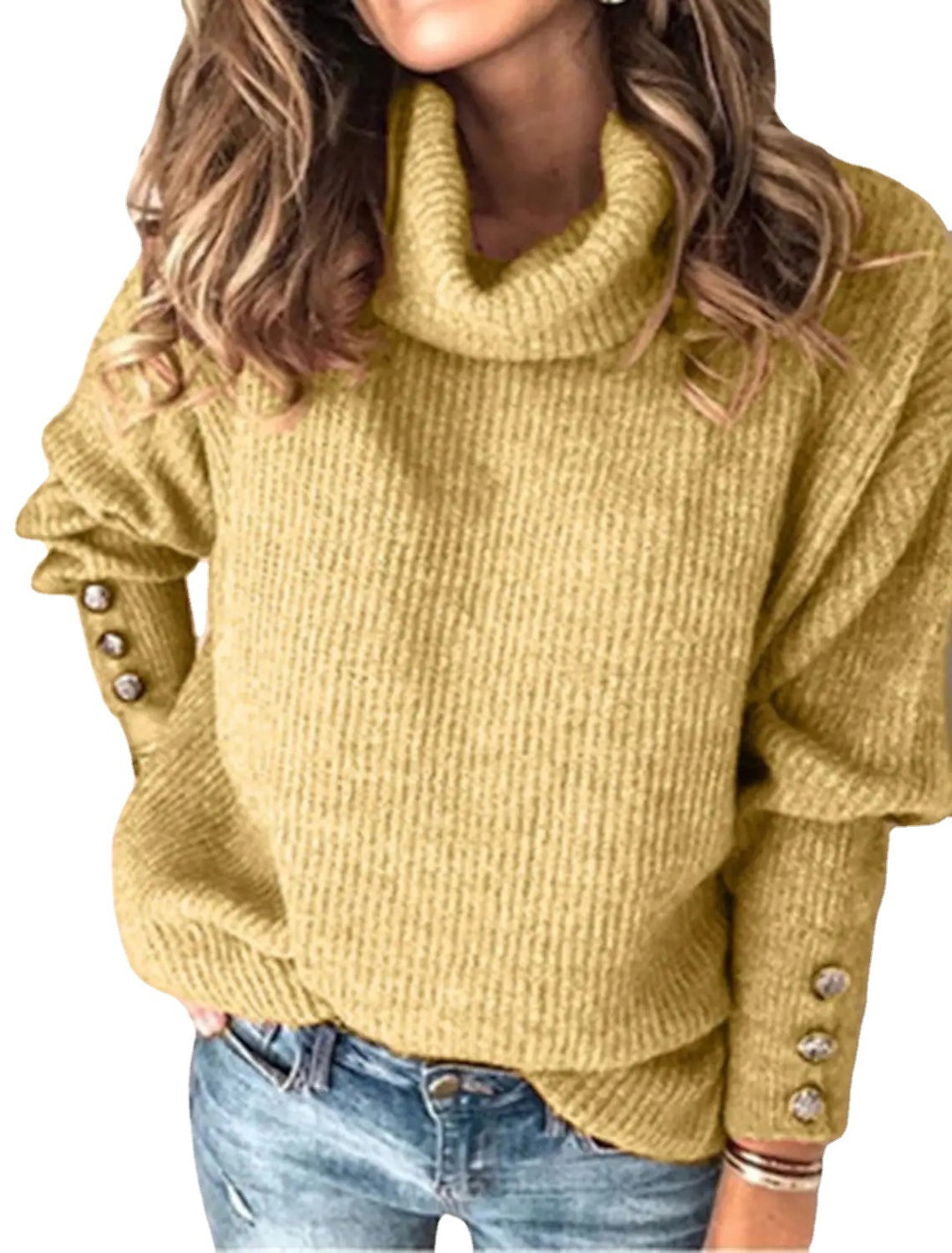 Damen Oversize-Rollkragenpullover mit Strukturstrick und Zierknöpfen Echo Archiv