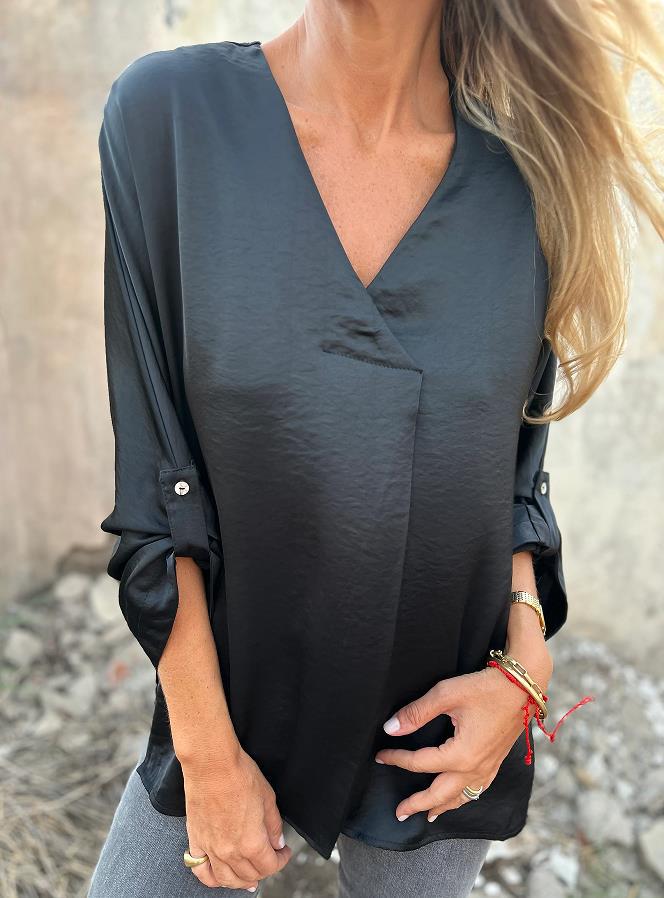 Damen Leichtes V-Ausschnitt Tunika-Bluse mit aufgekrempelten Ärmeln und lockerer Passform – Élovi