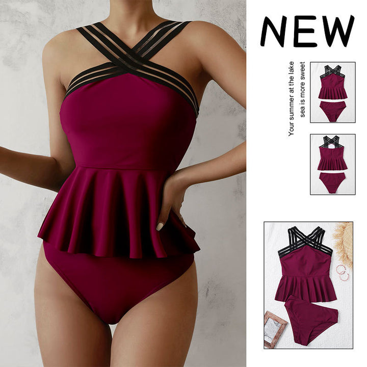 Damen Badeanzug mit schicker Rüsche und modischen Überkreuzträgern Echo Archiv