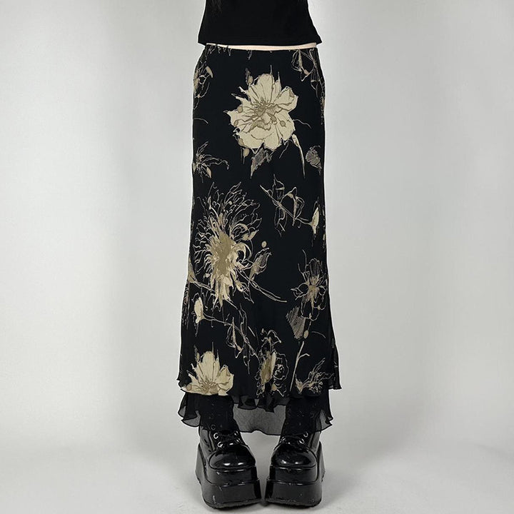 Damen Eleganter Maxirock mit floralem Muster und transparentem Untergrund Echo Archiv
