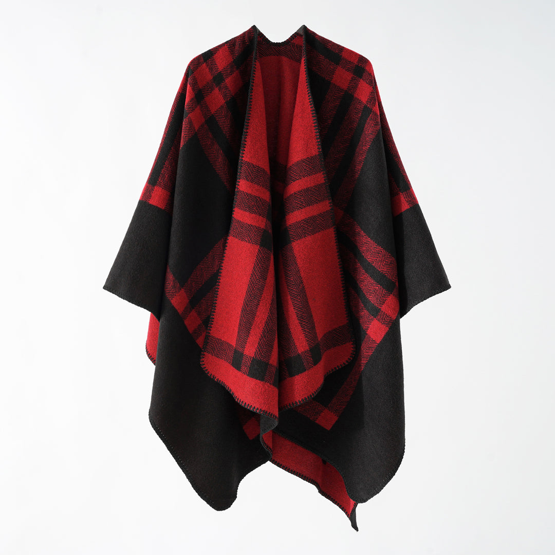Damen Oversize-Webponcho im kastigen Kimono-Fall mit geometrischer Karo-Struktur Echo Archiv