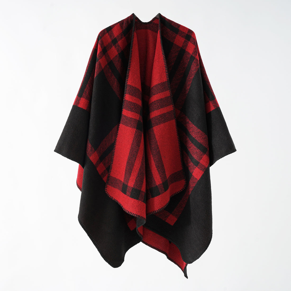Damen Oversize-Webponcho im kastigen Kimono-Fall mit geometrischer Karo-Struktur – Célinea