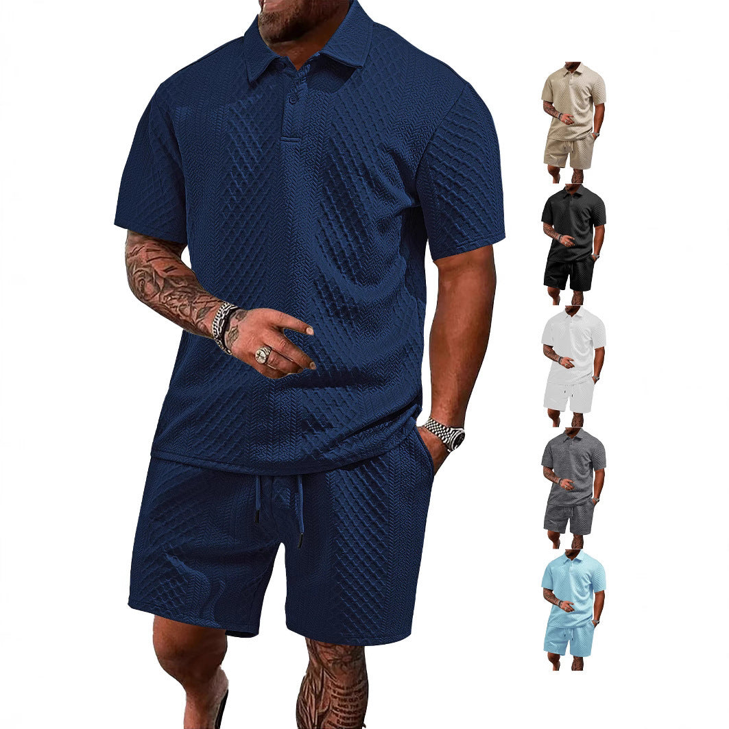 Herren nan geprägtes Waffel-Polo mit Kentkragen und elastischer Tunnelzugshorts im Set Echo Archiv