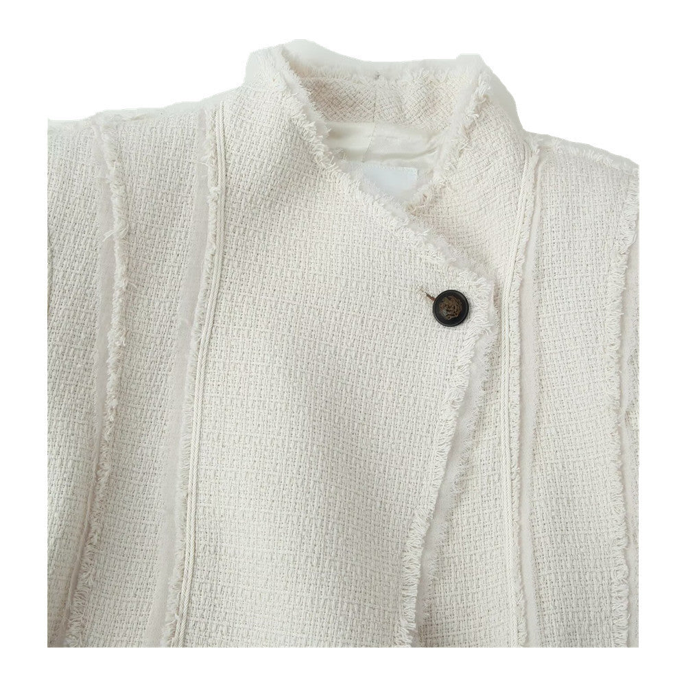 Damen Bouclé-Blazer mit Stehkragen, asymmetrischem Verschluss und fransigem Saum Echo Archiv