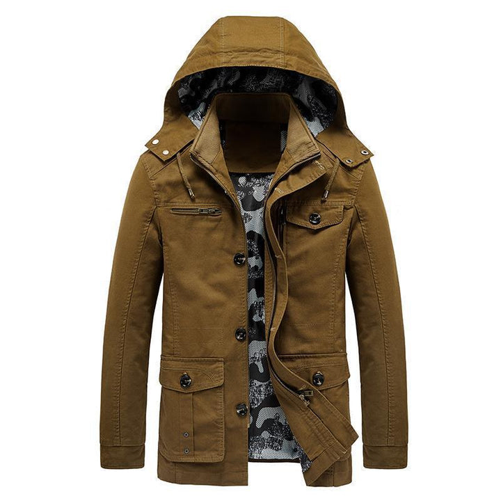 Herren mittellange Canvas-Fieldjacke mit Kapuze, Cargo‑Taschen und Camouflage‑Innenfutter Echo Archiv