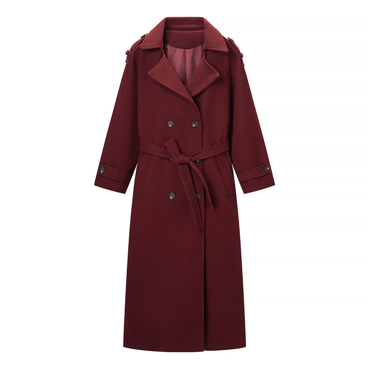 Damen Maxilanger Wollmix-Trenchcoat mit Schulterpasse, Bindegürtel und Krempelärmeln Echo Archiv