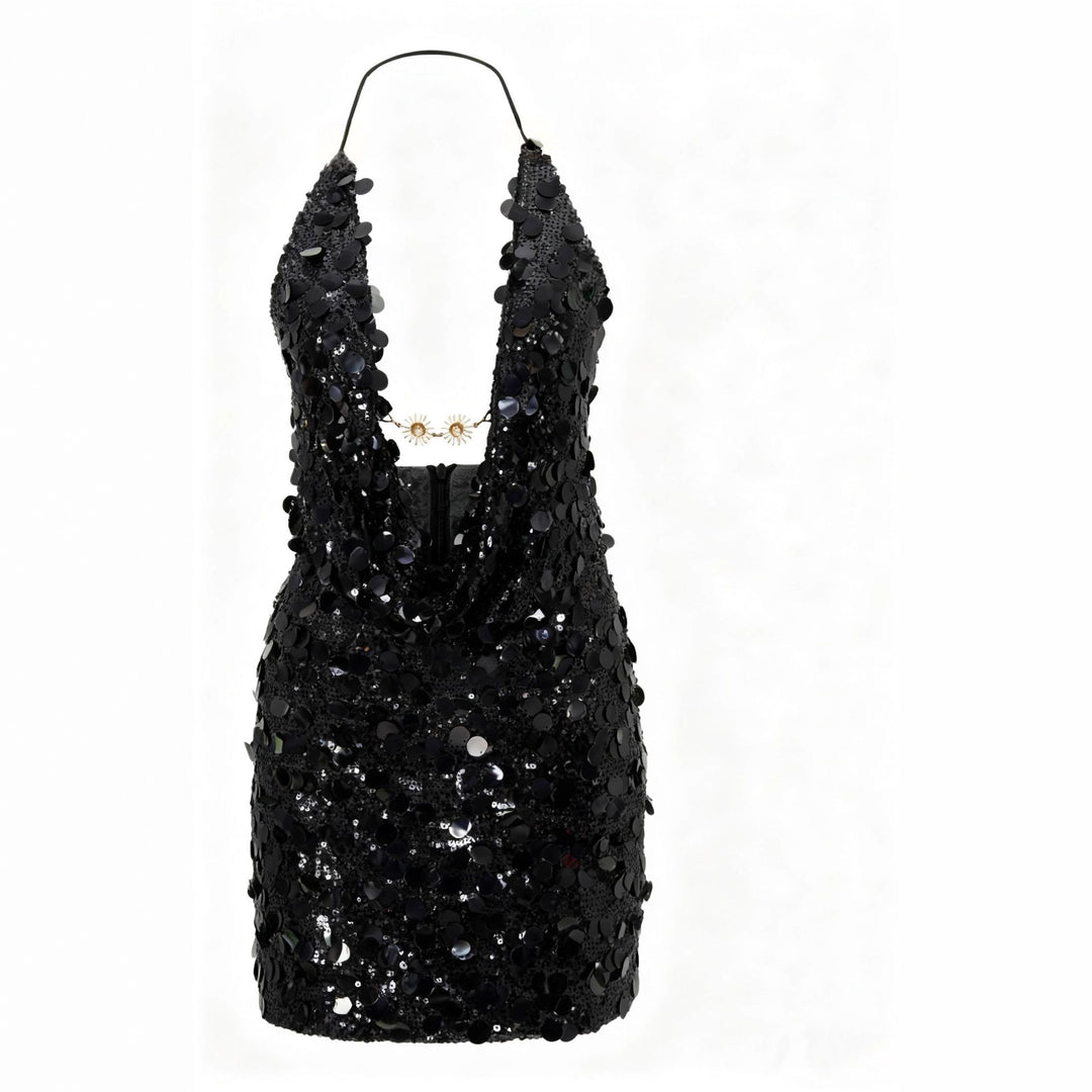 Damen Glitzerndes Minikleid mit tiefem V-Ausschnitt und Troddel-Applikationen Echo Archiv