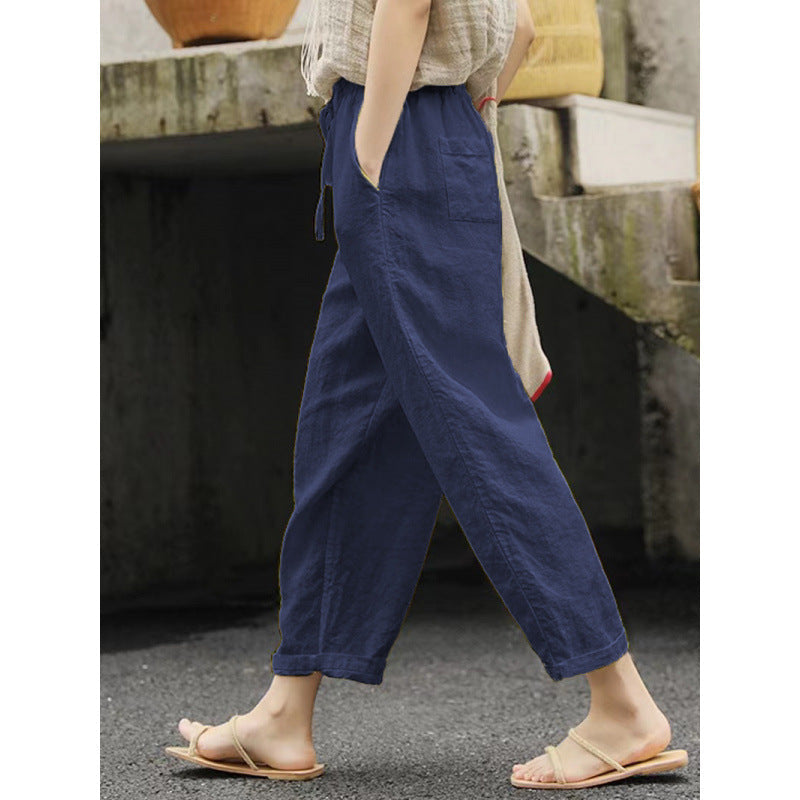 Damen lässige Leinenhose mit elastischem Bund und seitlichen Taschen – Avélisse