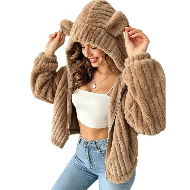 Damen Kuschelige Teddy-Kapuzenjacke mit Plüschstruktur und Kapuzenohren Echo Archiv