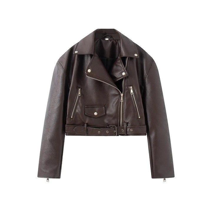 Damen cropped Bikerjacke aus veganem Lederimitat mit asymmetrischem Reißverschluss und Taillengürtel – Célinea