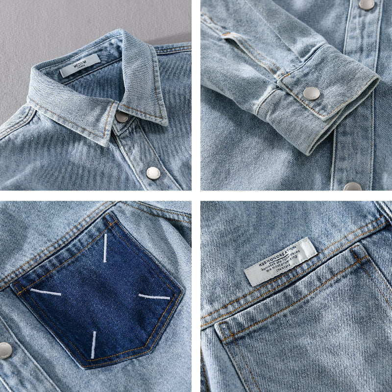 Herren Denim-Hemdjacke mit kontrastierter Brusttasche und Druckknopfverschluss Echoarchiv