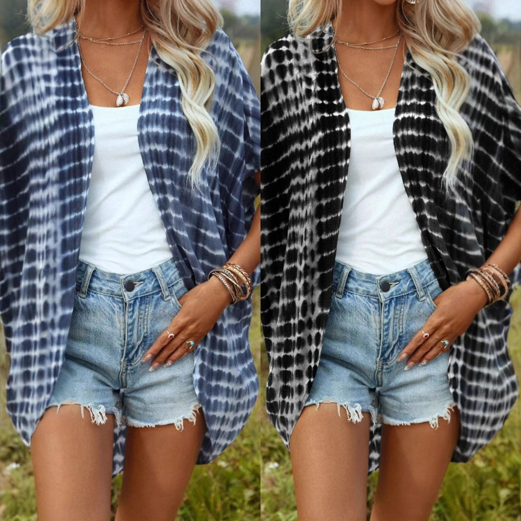 Damen Offener Leichter Kimono-Cardigan mit Batikmuster und Kurzarm Echoarchiv