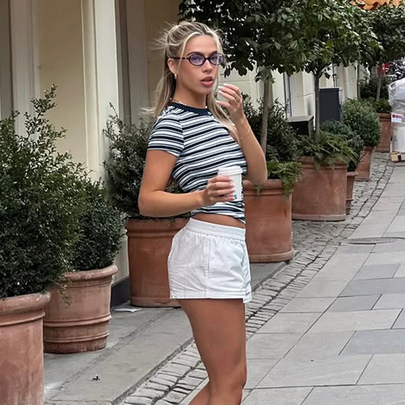 Damen figurbetontes gestreiftes T-Shirt mit Rundhalsausschnitt Echo Archiv