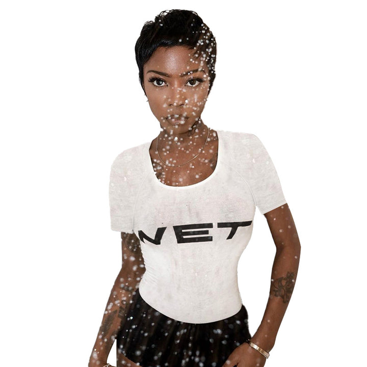 Damen figurbetontes T-Shirt mit modernem Logodruck Echo Archiv