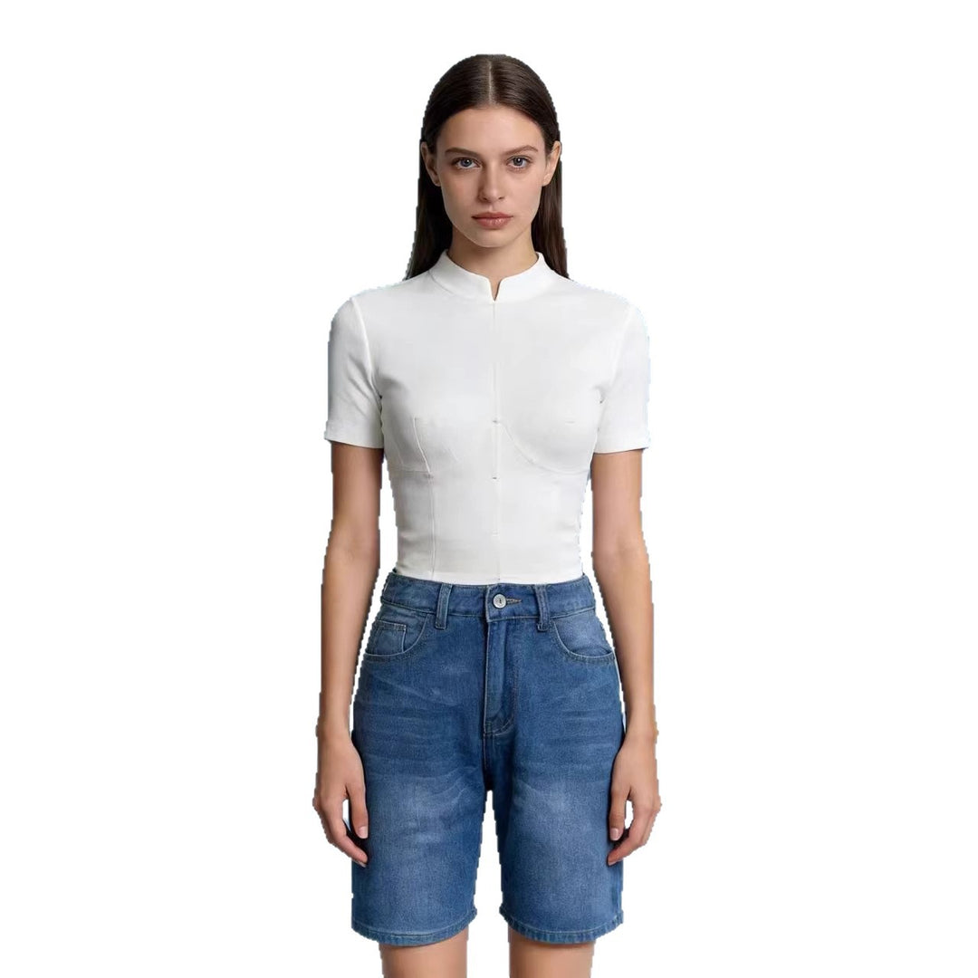 Damen figurbetontes Cropped Oberteil mit Stehkragen und kurzen Ärmeln Echo Archiv