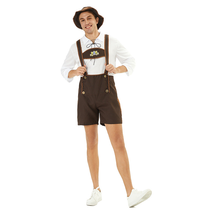 Herren nan Oktoberfest-Kurzlederhose mit verstellbaren Trägern, Zierknöpfen und besticktem Brustlatz Echo Archiv