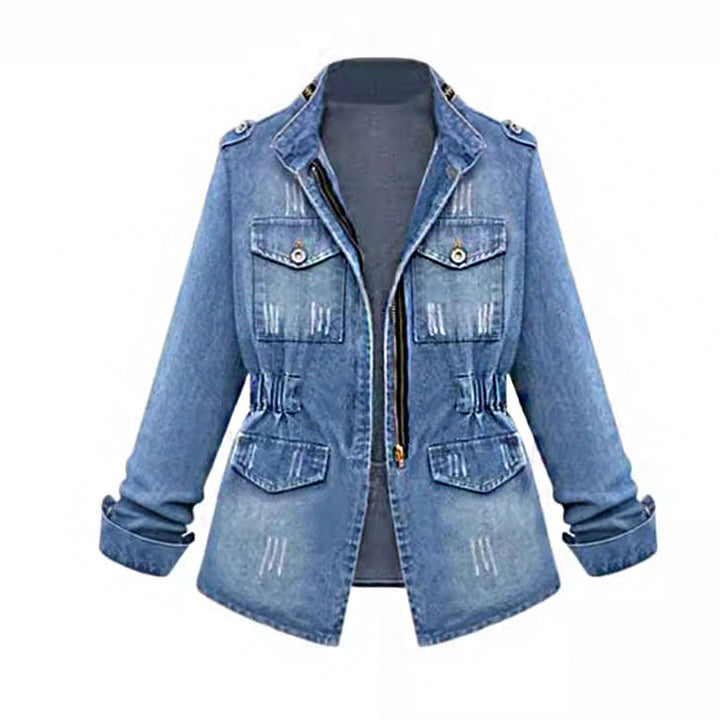 Damen modische Jeansjacke im Used-Look mit verstellbarem Kragen und trendigen Details Echo Archiv