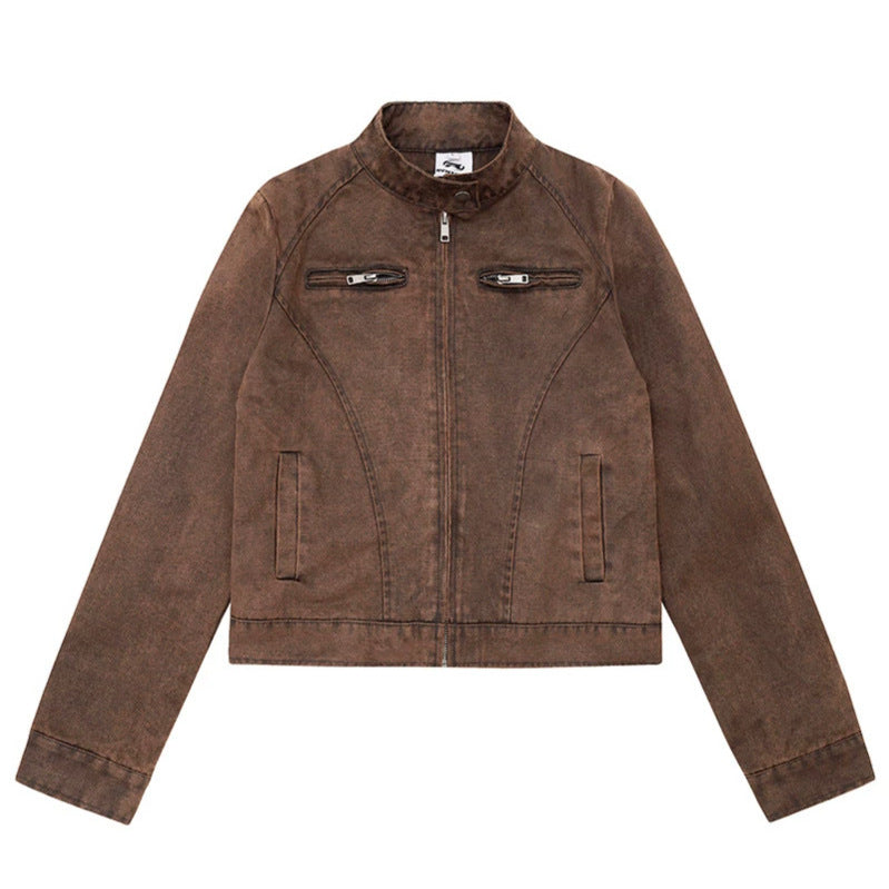 Damen kurze Bikerjacke aus Vintage‑Lederoptik mit Stehkragen und Brustzipper Echoarchiv