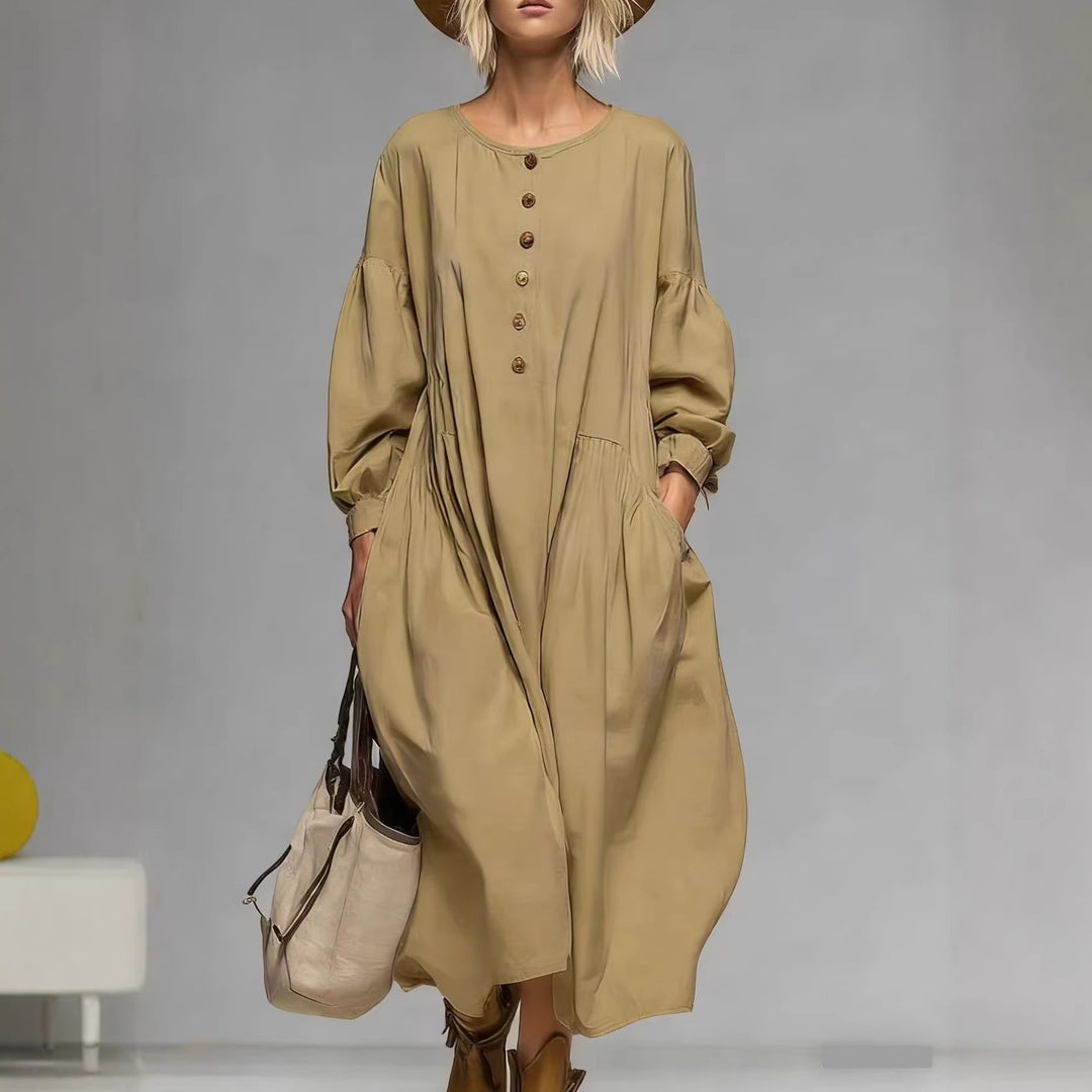 Damen Lässiges Midi-Kleid mit Knopfleiste, Ballonärmeln und Eingrifftaschen – Élara