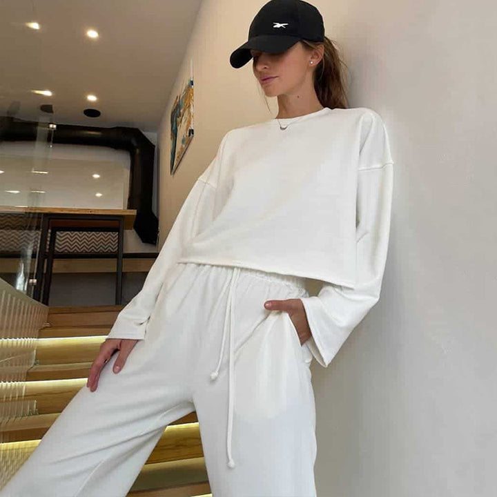 Damen lässiges Oversize-Lounge-Set mit weitem Crewneck-Sweater und elastischer Kordelbund-Jogginghose – Avérine