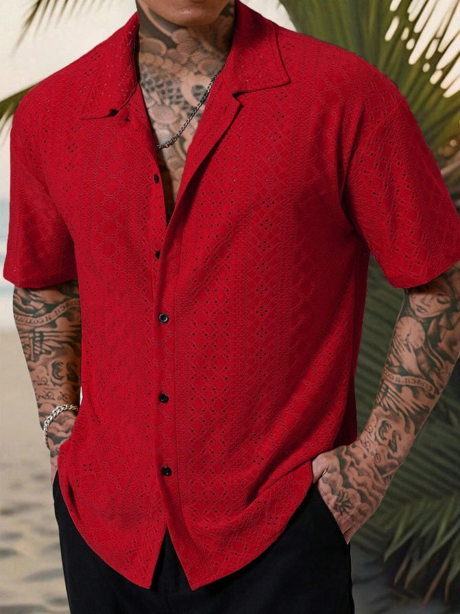 Herren kurzärmliges Hemd mit feiner Lochstickerei Echoarchiv