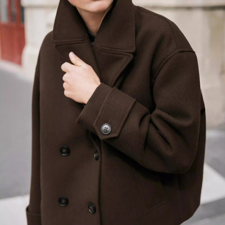 Damen Kurze doppeltreihige Boxy-Manteljacke mit weitem Revers Echoarchiv