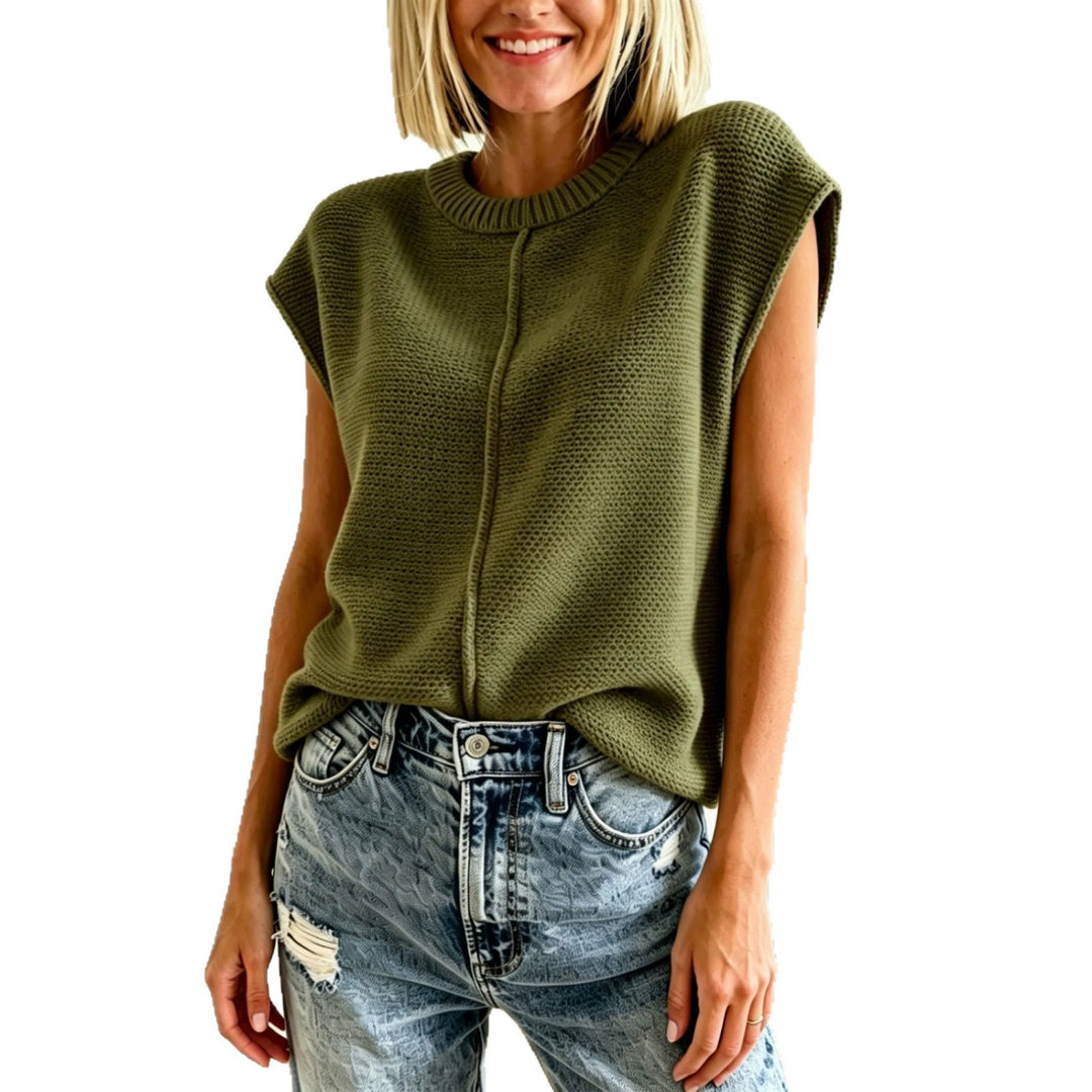 Damen Ärmellose Strickweste mit mittiger Naht und geripptem Kragen – Veloura