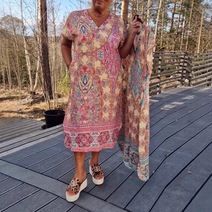 Damen nan fließendes Midikleid im Tunika‑Kaftan‑Mix mit V‑Ausschnitt kurzen Ärmeln lockerer Passform und passendem Pareo Echo Archiv