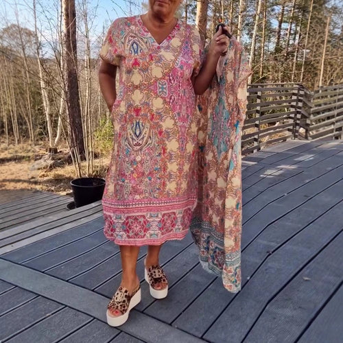 Damen nan fließendes Midikleid im Tunika‑Kaftan‑Mix mit V‑Ausschnitt kurzen Ärmeln lockerer Passform und passendem Pareo Echo Archiv