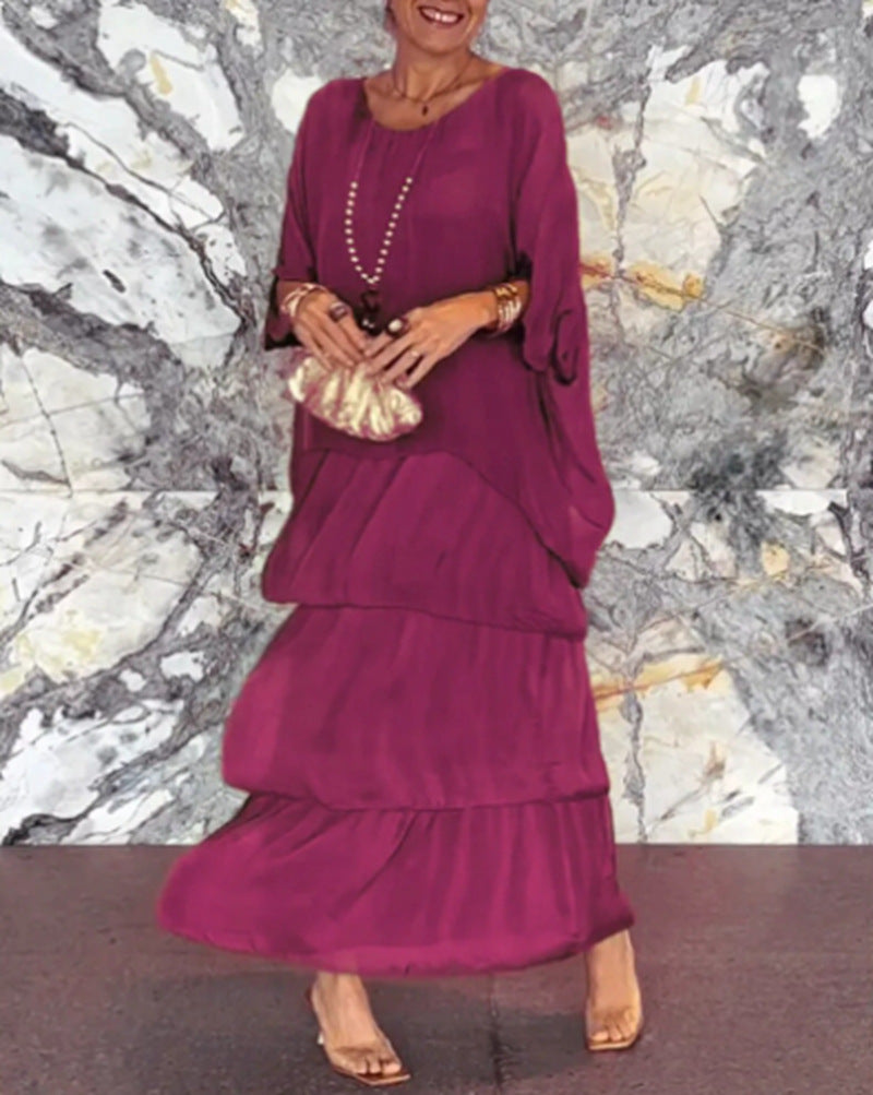 Damen nan bodenlanges Stufenkleid mit weiten Fledermausärmeln und lockerer Silhouette Echo Archiv