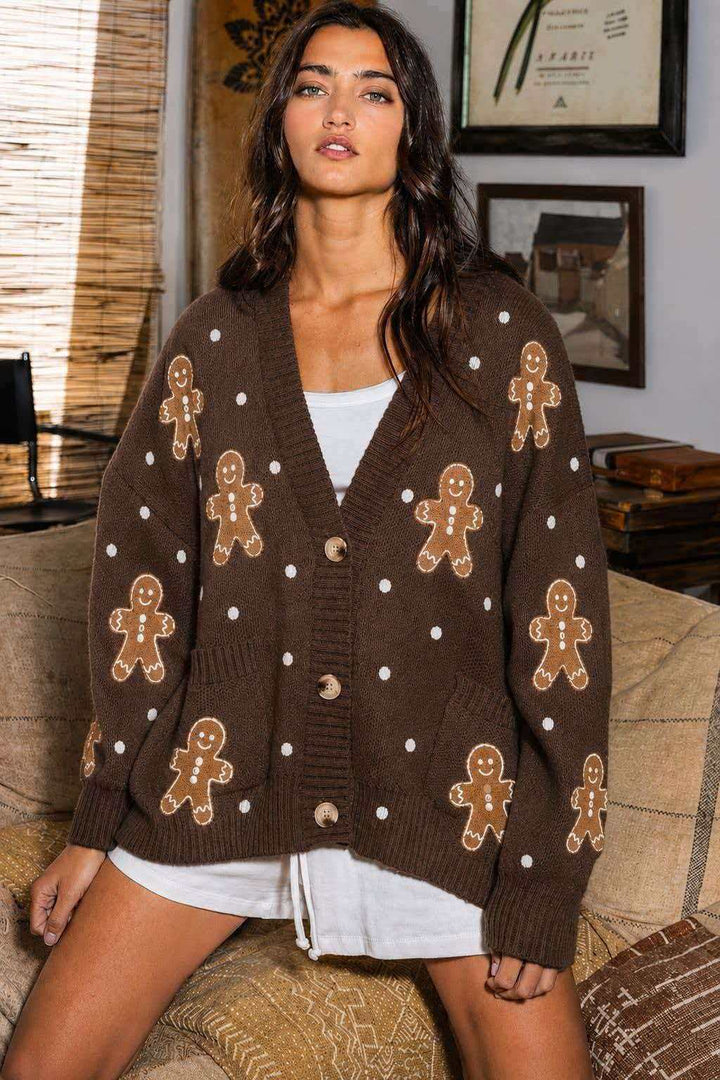 Damen nan oversized Strickcardigan mit Lebkuchenstickerei und tiefem V-Ausschnitt Echo Archiv