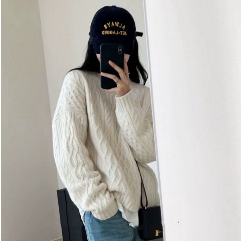 Damen Oversize Zopfmuster‑Pullover mit Rundhalsausschnitt und lässiger Schulterpartie Echoarchiv
