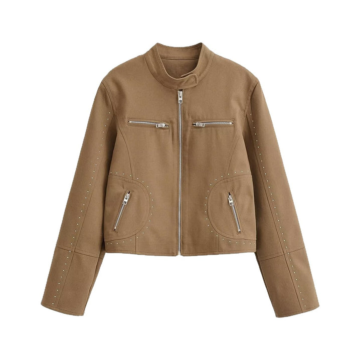 Damen Kurzblouson im Velourslook mit Stehkragen, Reißverschluss und Ziernieten Echoarchiv