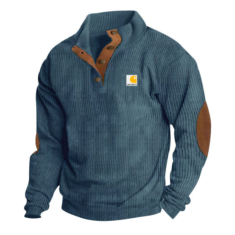 Herren nan Strickpullover im Troyer-Stil mit Stehkragen Lederbesatz Druckknopfleiste und Ellbogen-Patches Echo Archiv