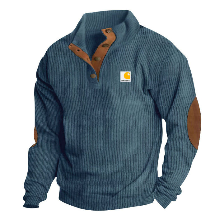 Herren nan Strickpullover im Troyer-Stil mit Stehkragen Lederbesatz Druckknopfleiste und Ellbogen-Patches Echo Archiv