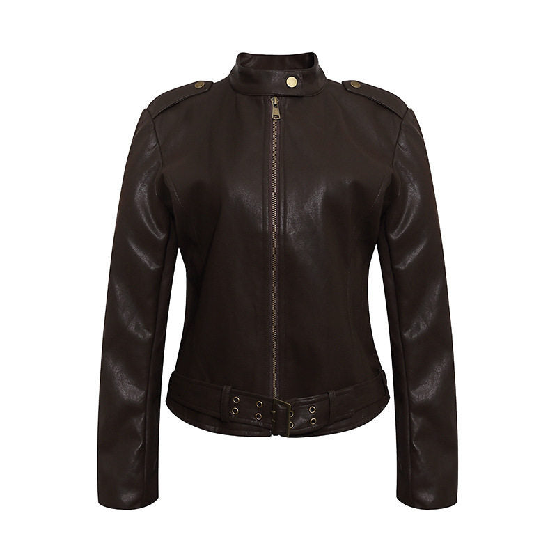 Damen Taillierte Lederoptik-Jacke mit Stehkragen, Schulterklappen und Taillengürtel Echoarchiv