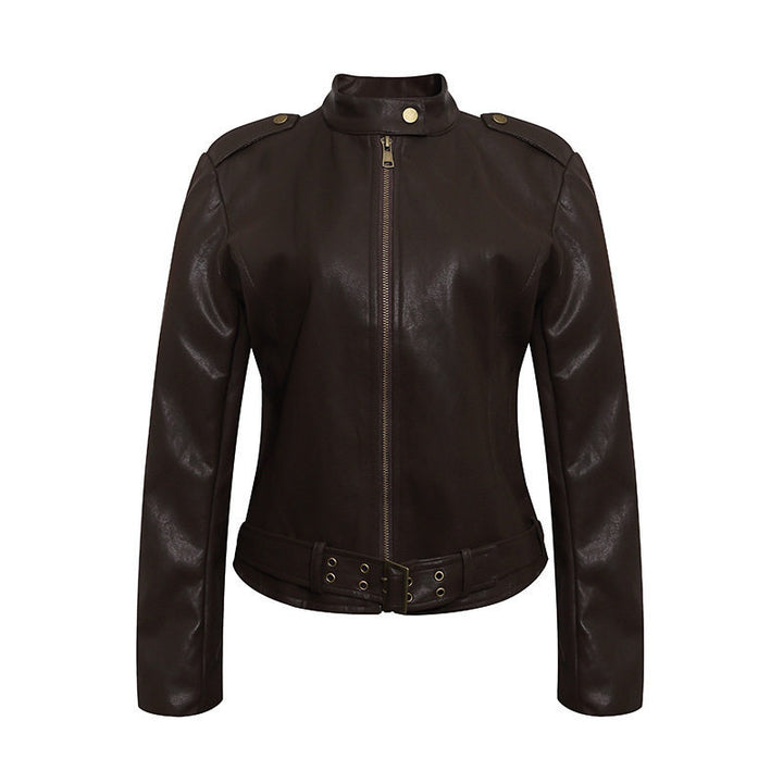 Damen Taillierte Lederoptik-Jacke mit Stehkragen, Schulterklappen und Taillengürtel Echoarchiv