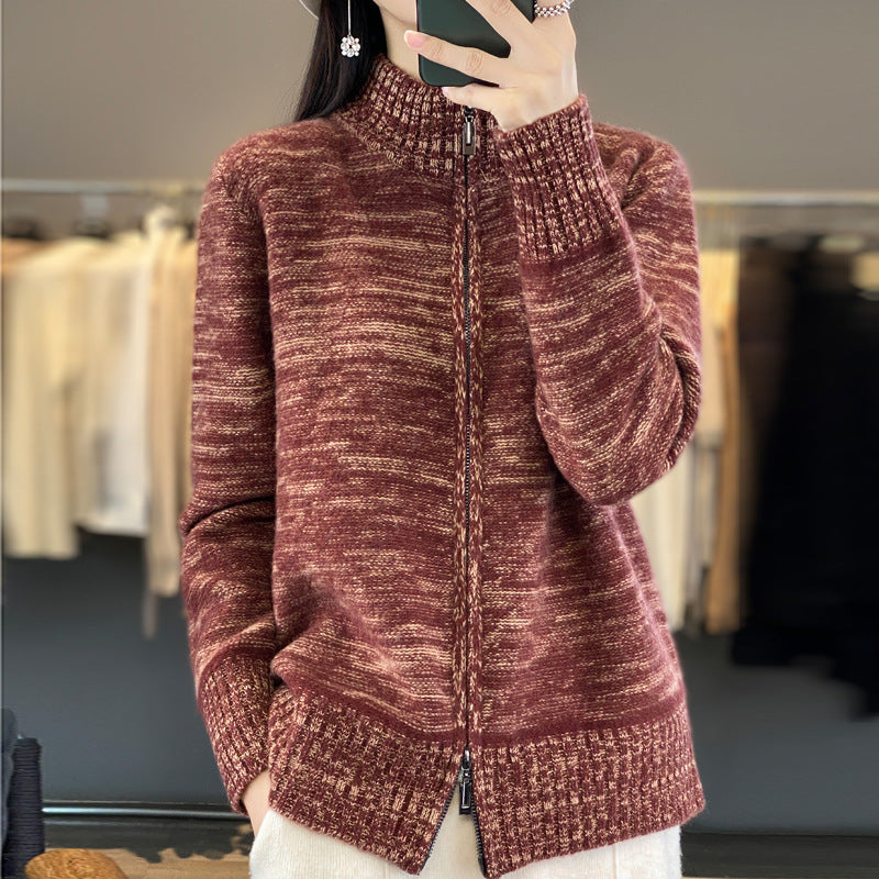Damen Reißverschluss‑Strickjacke mit melierter Struktur und Stehkragen Echoarchiv