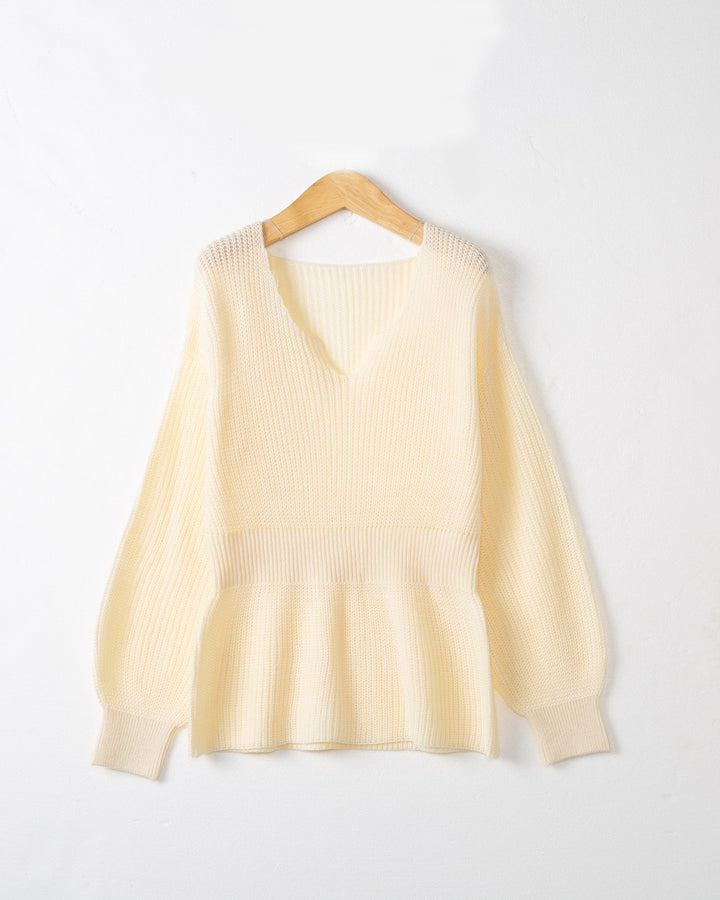 Damen Lockerer Feinstrick-Pullover mit V-Notch-Ausschnitt, Tailliertem Rippbund und Ballonärmeln Echo Archiv