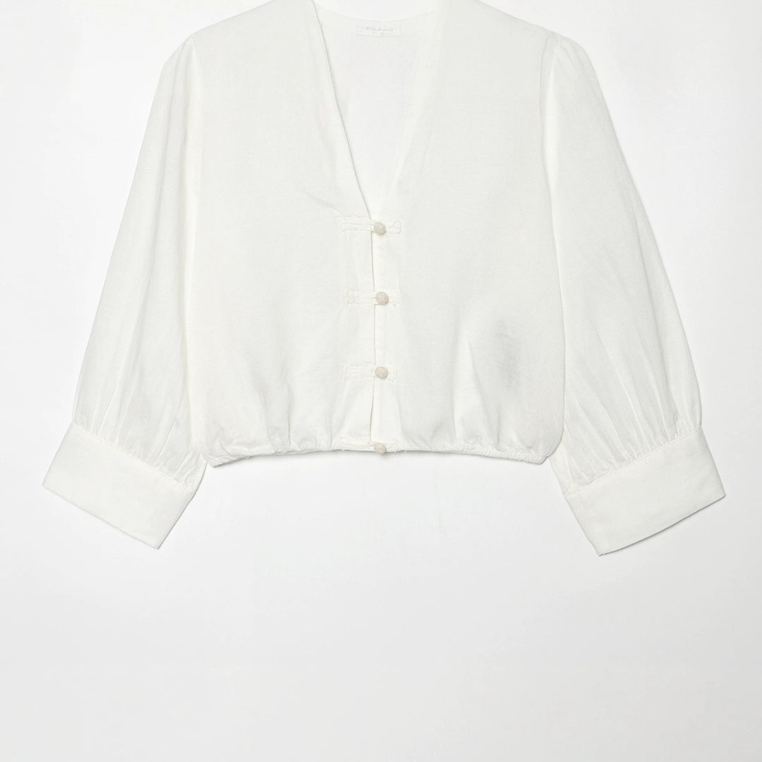 Damen Cropped-Bluse im Tai-Chi-Stil mit Stehkragen, Knotenverschlüssen und Ballonärmeln Echo Archiv