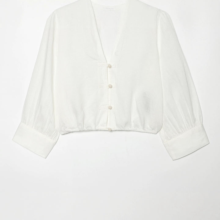Damen Cropped-Bluse im Tai-Chi-Stil mit Stehkragen, Knotenverschlüssen und Ballonärmeln Echo Archiv