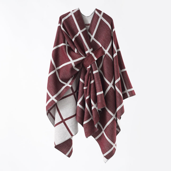 Damen Oversize Wollmix Poncho mit Gürtel und Karomuster Echo Archiv