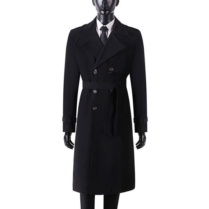 Herren Langer Minimalistischer Trenchcoat mit Sturmklappe Taillengürtel und verstellbaren Manschetten Echoarchiv